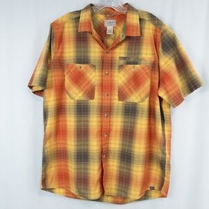 LL Bean Otter Cliff‎ Short Sleeve Plaid Button Up Shirt Mens Large Orange Yellow